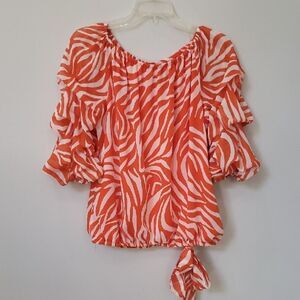 Coco Bianco Top Womens L Orange Tiger Stripe Blouse OTS Puff Sleeve Sheer Crop